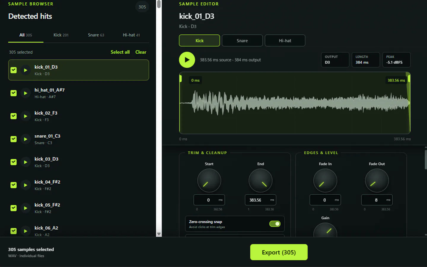 Drum Kit Maker editor with the export action for selected WAV one-shots.