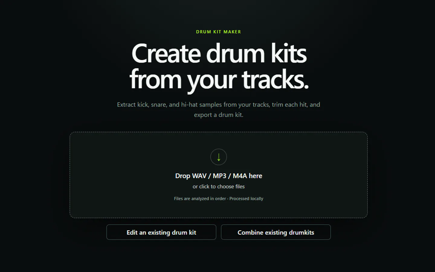 Drum Kit Maker file-input screen for selecting WAV, MP3 or M4A audio.